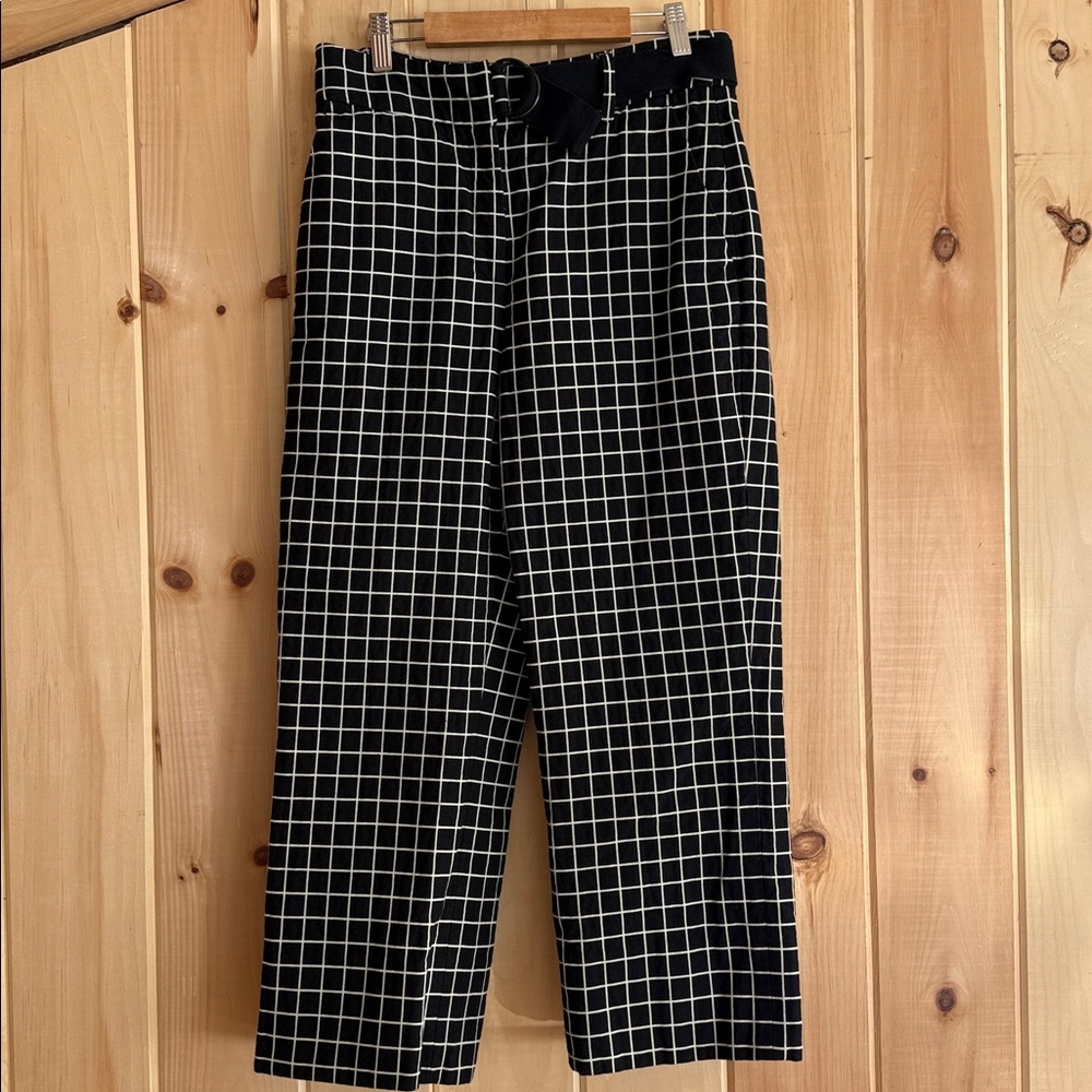Akris punto Grid Print Built-in Belt Cropped Pants Size 6 Windowpane